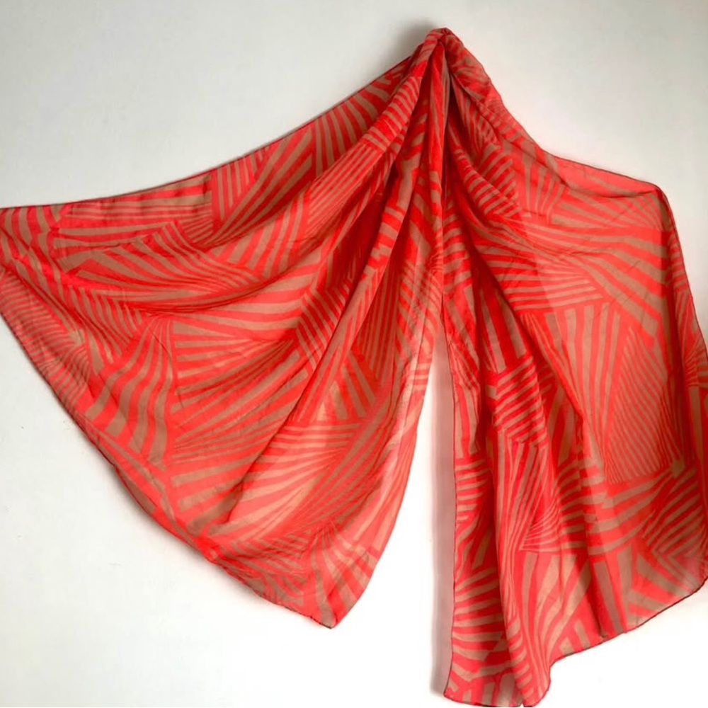 Large Deena & Ozzy Op Art Scarf in Beige and Bright Orange.